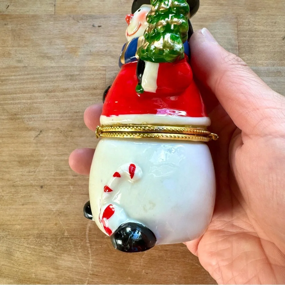 Vintage Ceramic Glazed Snowman Jewelry Trinket Box